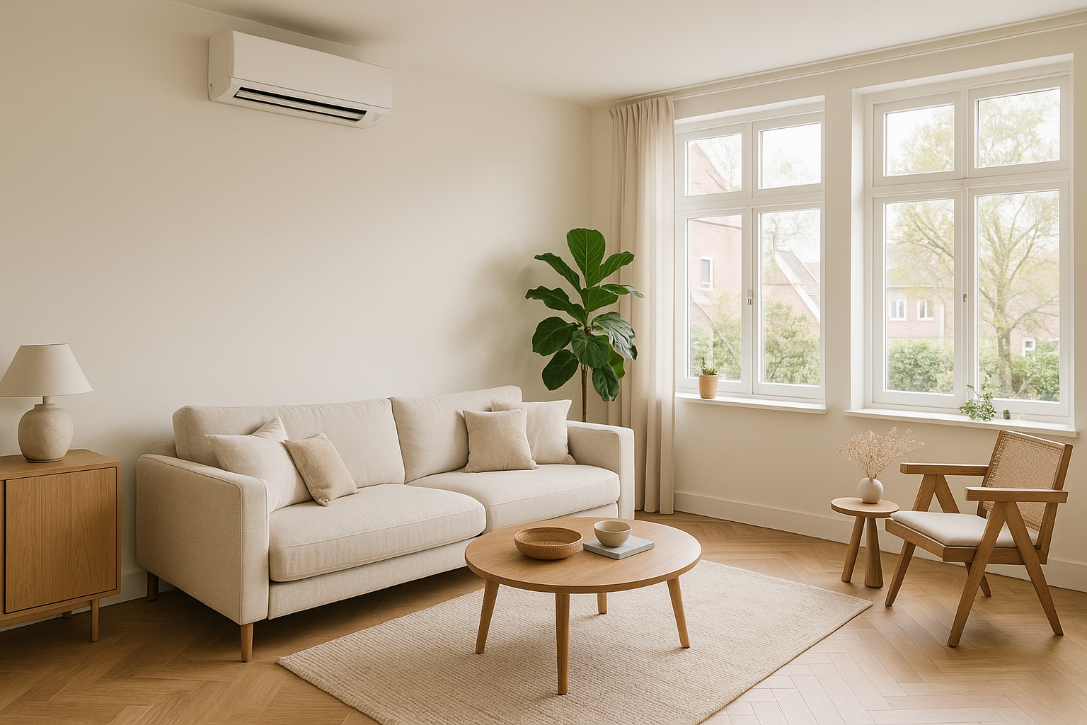 Lichte moderne woonkamer met wandairco voor comfortabel binnenklimaat