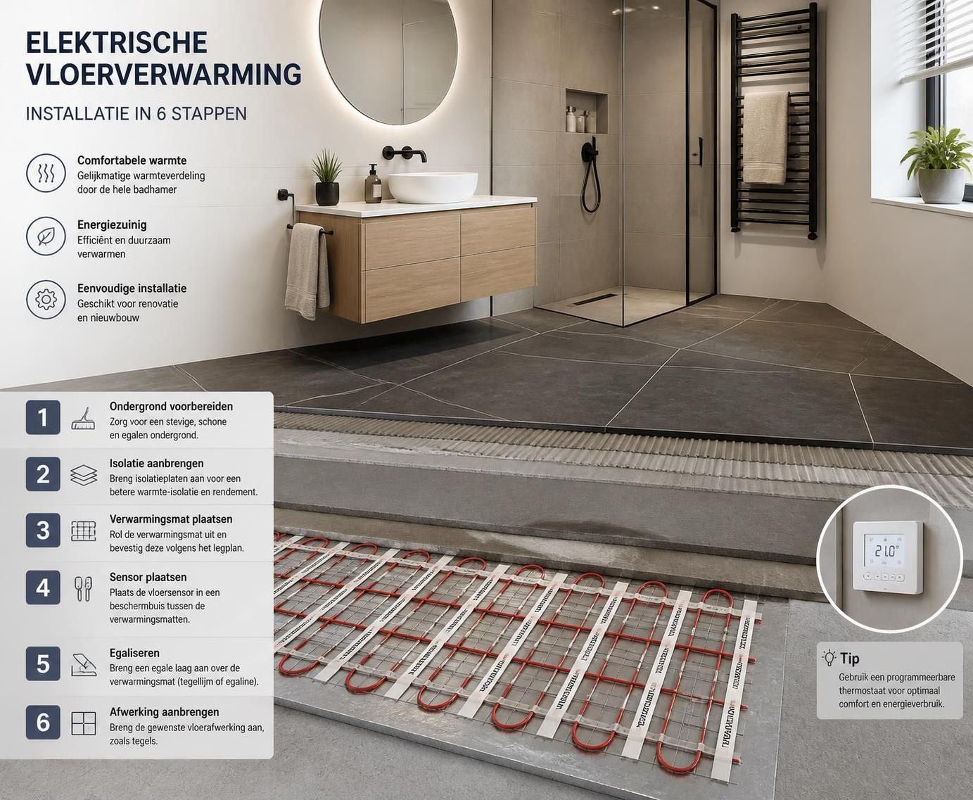 ontdek de voordelen van elektrische vloerverwarming en volg onze installatiegids voor een warme en comfortabele vloer in huis.