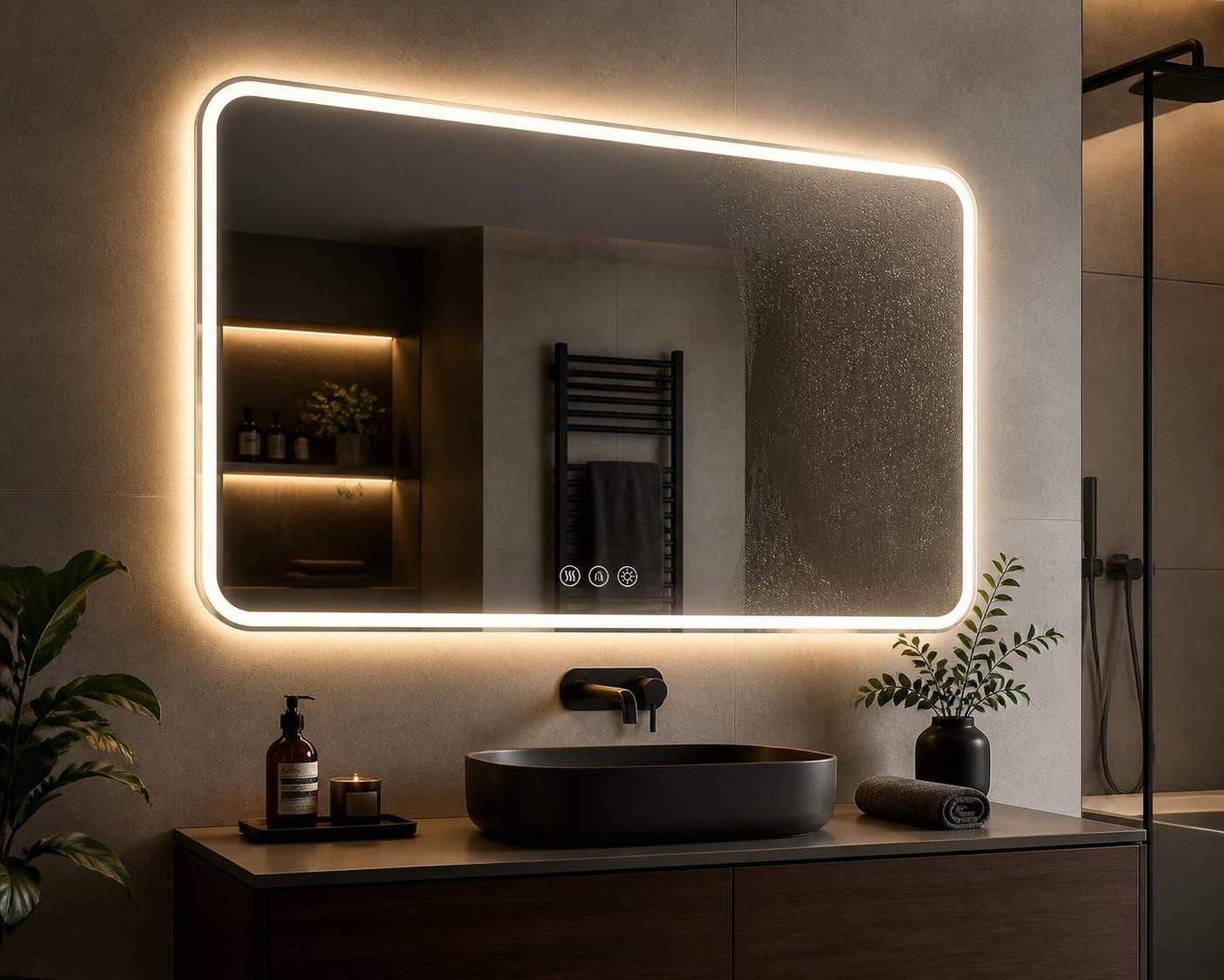 badkamerspiegel met verlichting en verwarming biedt ultiem comfort en stijlvolle uitstraling voor uw badkamer. geniet van helder licht en een anti-condens functie voor een perfecte start van de dag.
