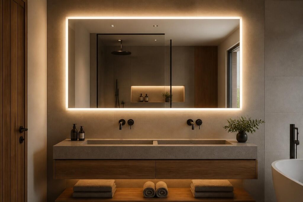 ontdek onze badkamer spiegels met geïntegreerde verlichting en verwarming voor ultiem comfort en stijlvolle uitstraling in één oplossing.