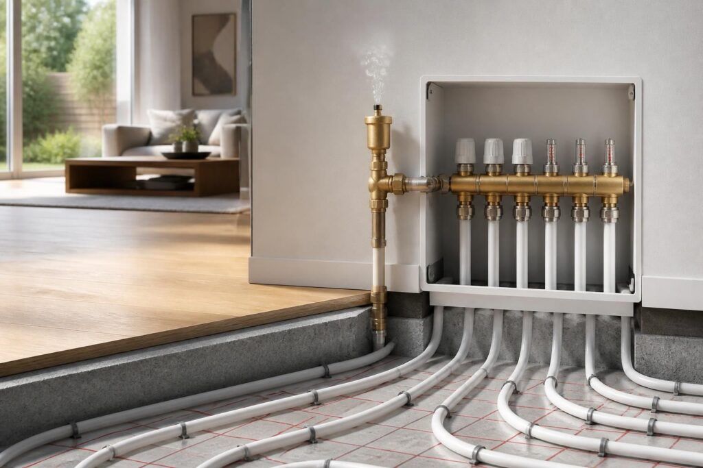 ontdek hoe de ontluchting van vloerverwarming werkt en waarom het essentieel is voor een optimale warmteverdeling en langere levensduur van uw verwarmingssysteem.