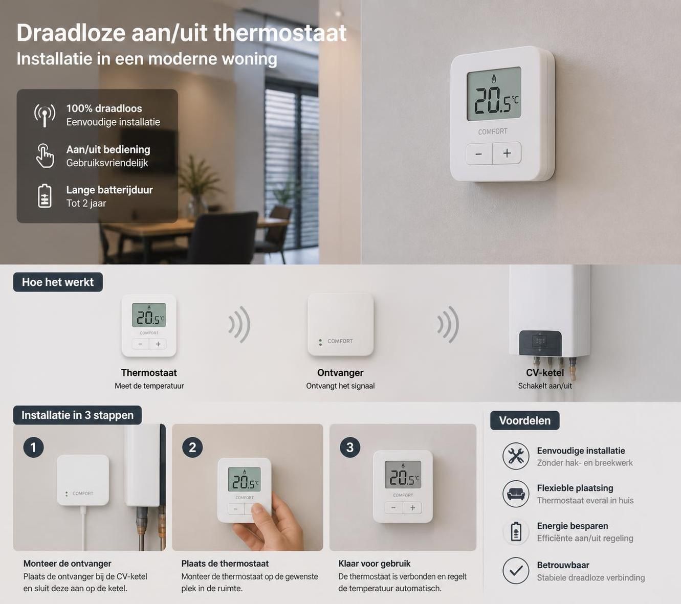 ontdek hoe een draadloze aan/uit thermostaat werkt en waarom deze slimme oplossing ideaal is voor eenvoudig en efficiënt temperatuurbeheer in huis.