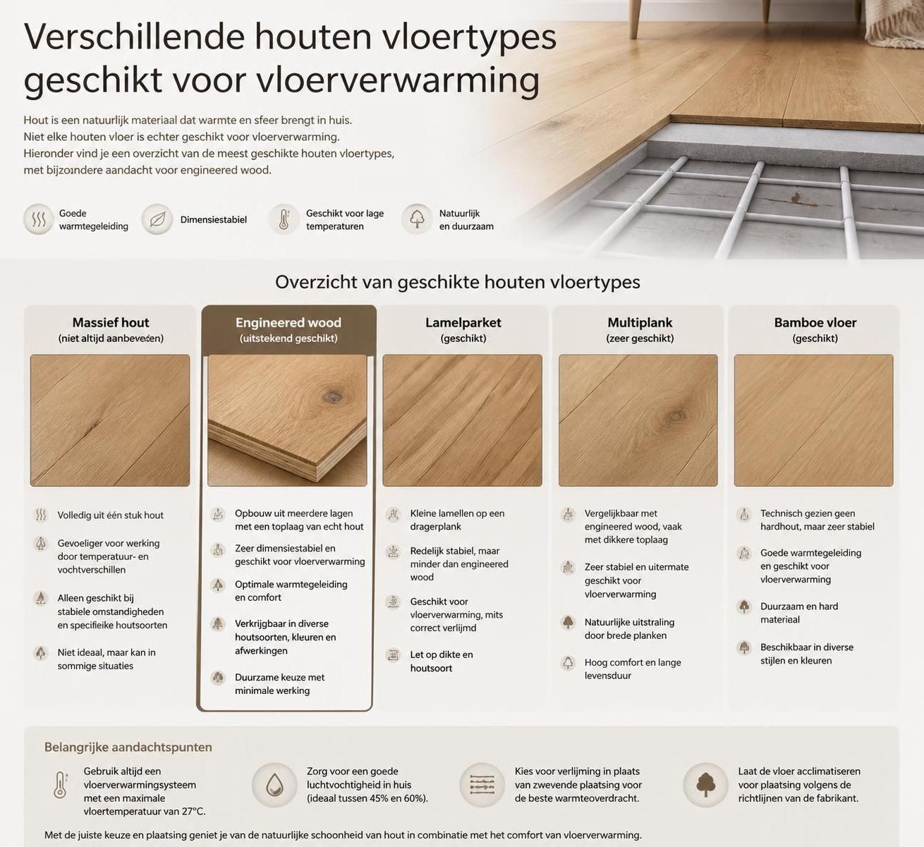 ontdek de voordelen en aandachtspunten van houten vloeren voor vloerverwarming. leer hoe je optimaal comfort en duurzaamheid combineert met stijlvolle houten vloeren.