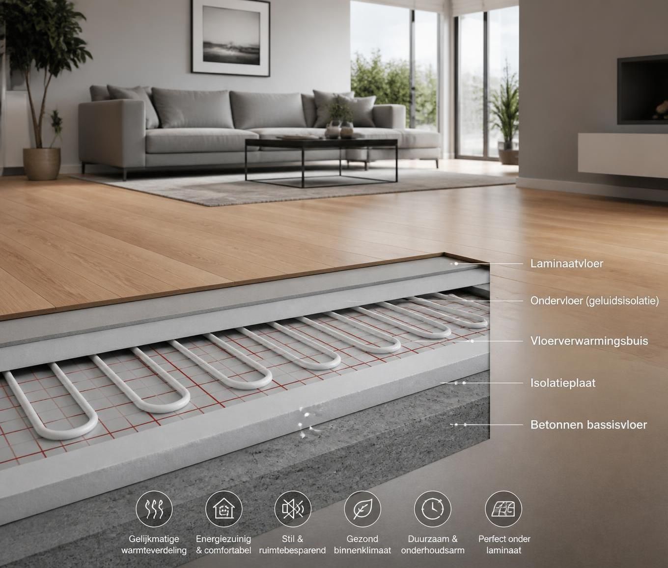 ontdek de voordelen van vloerverwarming onder laminaat en begrijp hoe het systeem efficiënt warmte verspreidt voor een comfortabel en energiezuinig huis.