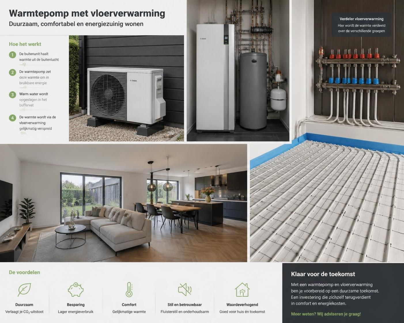 ontdek hoe een warmtepomp vloerverwarming werkt en waarom steeds meer mensen hiervoor kiezen als energiezuinige en comfortabele verwarmingsoplossing.